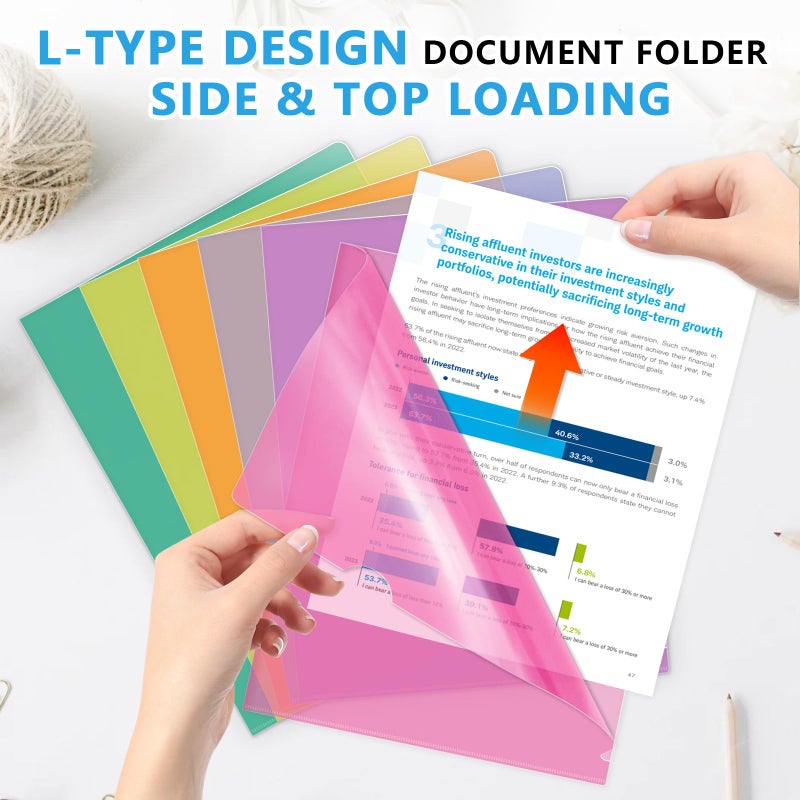 HOUYEE 30 Pack Clear Document Folders, L-Type Plastic File Folder Sleeves, Project Folders Paper Sheet Protectors for 8.5" x 11" Letter Size, for Home, Office, and School Use (6 Assorted Colors) - Image 4