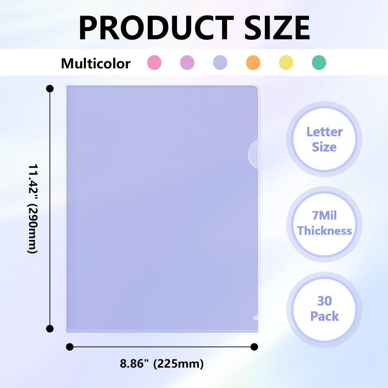 HOUYEE 30 Pack Clear Document Folders, L-Type Plastic File Folder Sleeves, Project Folders Paper Sheet Protectors for 8.5" x 11" Letter Size, for Home, Office, and School Use (6 Assorted Colors) - Image 2