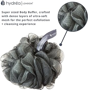 Hydrea London Hydra London Grey Shower Puff Large Exfoliating Bath Loofah Mesh Sponge Premium Quality Luxurious Lather Gentle Exfoliation for Men Women - Image 2