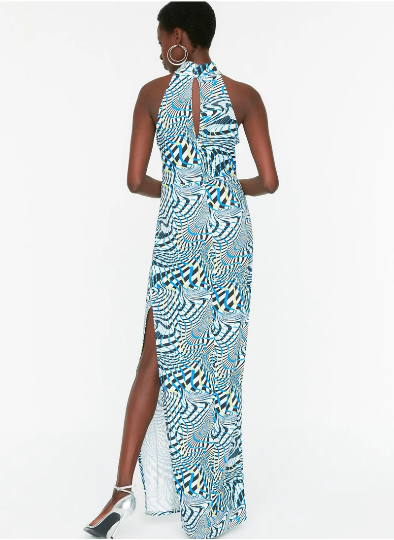 trendyol Halter Neck Side Split Printed Dress