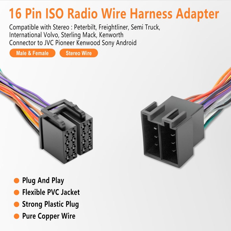 Bedalio 16 Pin ISO Radio Wire Harness Adapter Male & Female Fits for Peterbilt Freightliner Semi Truck International Volvo Sterling Mack Kenworth Stereo Connector to JVC Pioneer Kenwood Sony Android - Image 2