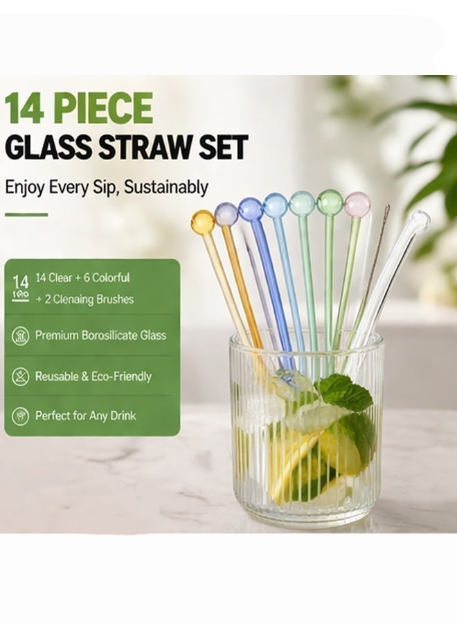 SUCITY 14 Pack with 2 Cleaning Brush Breakproof Glass Straws-Durable Reusable Glass Straws-For Drinks-Herbs-Smoothies-Aromatherapy（Multicolor Long） - Image 2