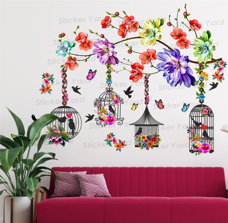 Sticker Yard StickerYard PVC Vinyl Colorful Flowers Branch Cages Self-Adhesive Wall Sticker for Home Decor/Decoration - Living Room, Bedroom, Kids Room (Multicolor, Size: 73X91 Cm) - Image 4