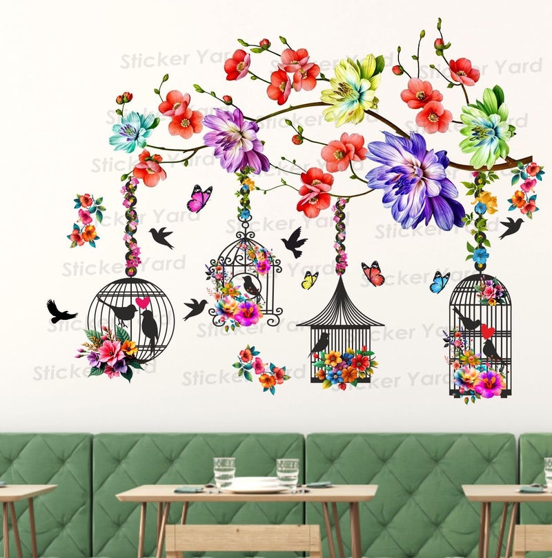 Sticker Yard StickerYard PVC Vinyl Colorful Flowers Branch Cages Self-Adhesive Wall Sticker for Home Decor/Decoration - Living Room, Bedroom, Kids Room (Multicolor, Size: 73X91 Cm) - Image 1