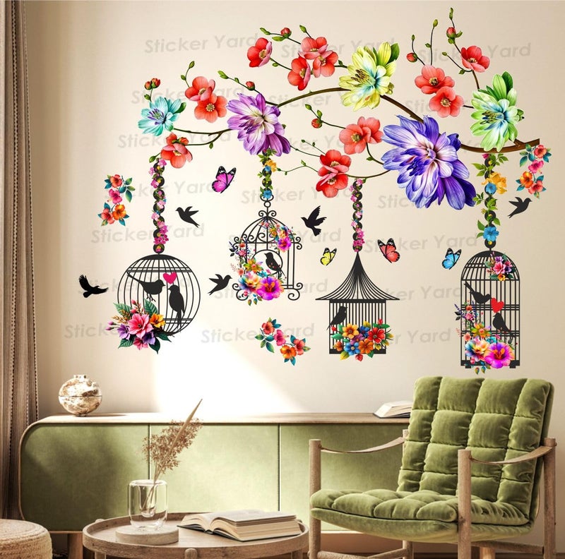 Sticker Yard StickerYard PVC Vinyl Colorful Flowers Branch Cages Self-Adhesive Wall Sticker for Home Decor/Decoration - Living Room, Bedroom, Kids Room (Multicolor, Size: 73X91 Cm) - Image 2