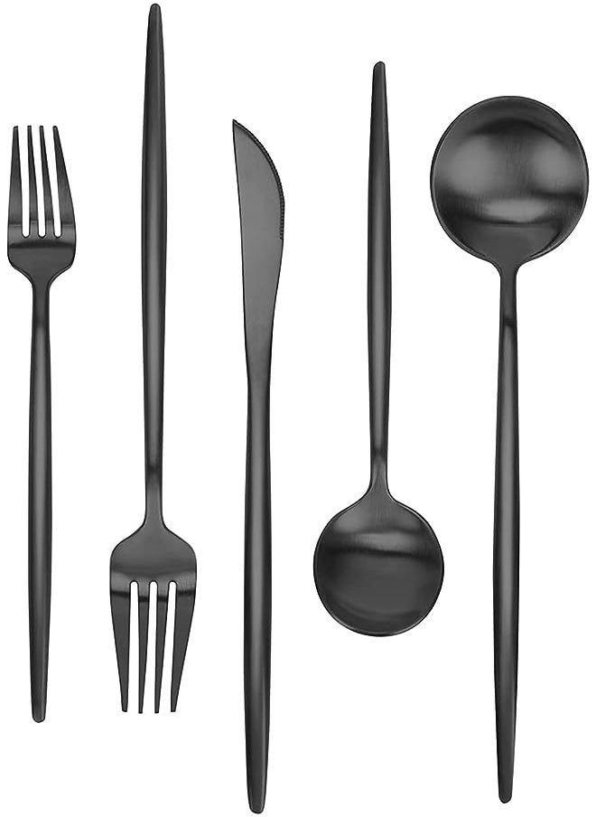 vesus Steel Flatware Set, ELECDON Matte Black Silverware Set 5 Pieces, Service for 1, Kitchen Utensil Set, Tableware Cutlery Set, Satin Finished Polished and Dishwasher Safe  - Image 1