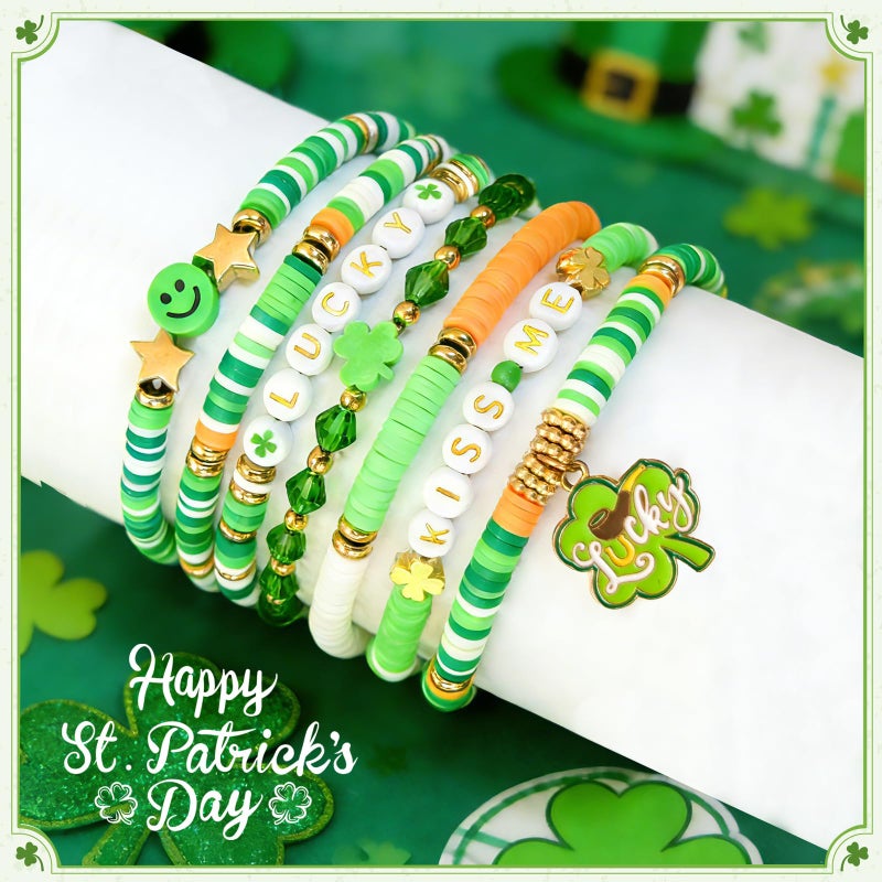 lakayfimily St Patrickâ€˜s Bracelets for Women Men Teens Lucky Kiss Me Shamrock Bead Charms Stretch Bracelets St Patty's Day Gifts Party Outfits Costumes Accessories - Image 3