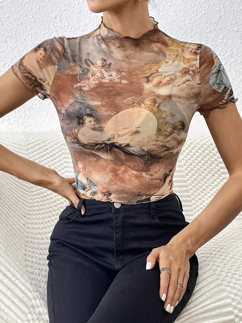 Elegant Mesh Print Ruffle Short Sleeve T-Shirt Women's Fashion Top - Image 3