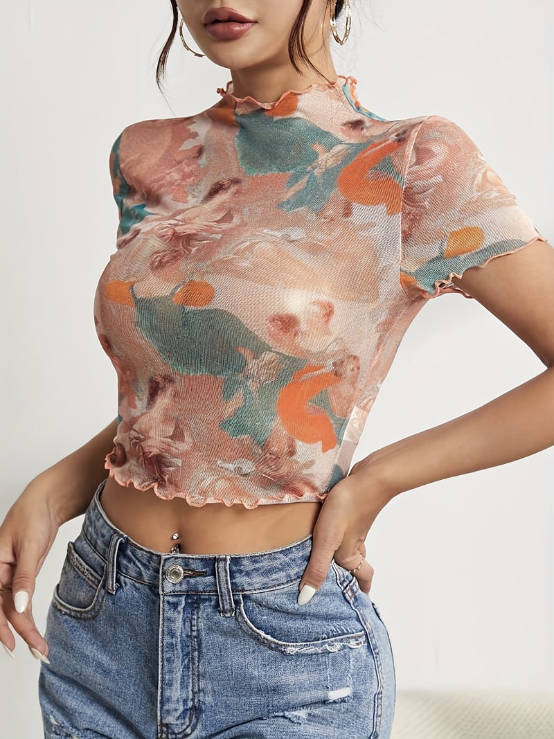 Elegant Mesh Print Ruffle Short Sleeve T-Shirt Women's Fashion Top - Image 5