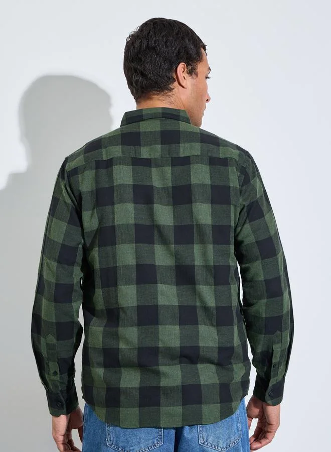 Styli  Olive Checked Long Sleeves Regular Fit Shirt for Men | Best Price UAE