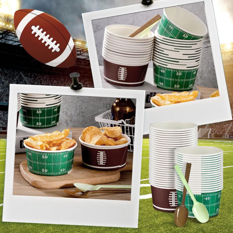 Eaasty 60 Set Football Bowls Set 14 oz Disposable Snack Bowl Football Chili Serving Bowl with Plastic Spoons for Game Day Sports Events - Image 5