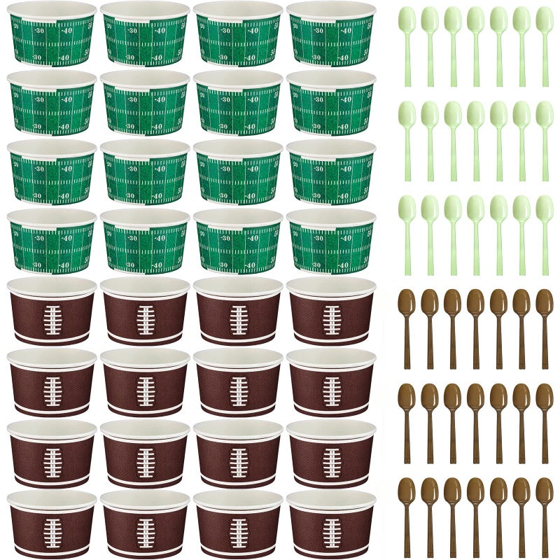 Eaasty 60 Set Football Bowls Set 14 oz Disposable Snack Bowl Football Chili Serving Bowl with Plastic Spoons for Game Day Sports Events - Image 1