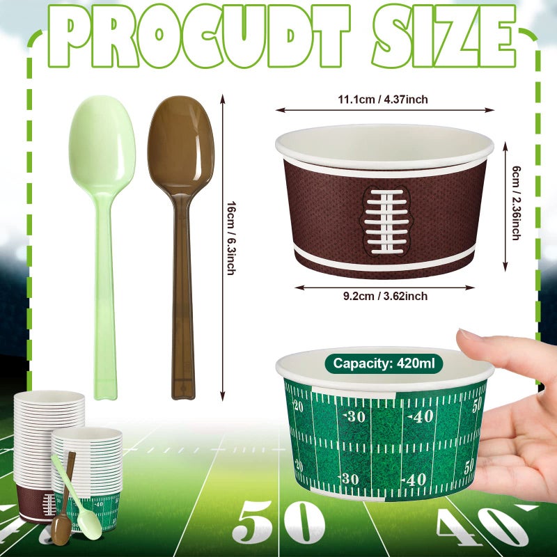 Eaasty 60 Set Football Bowls Set 14 oz Disposable Snack Bowl Football Chili Serving Bowl with Plastic Spoons for Game Day Sports Events - Image 2