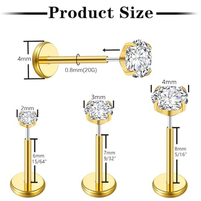 Gotumo - Aretes con parte trasera plana de 20G, titanio G23 sin rosca, para tragus, labret, cartílago, labio, medusa, conch, piercing corporal, joyería hipoalergénica para mujeres y hombres - Image 3