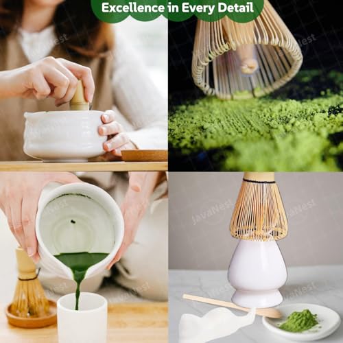 JavaNest 7-Piece Matcha Tea Set with Gift Card – 120-Prong Bamboo Whisk, Ceramic Bowl with Spout, Whisk Holder, Scoop, Spoon, Strainer & Scoop Holder – Ideal Gift for Matcha Lovers (White, 100-Prong) - Image 4
