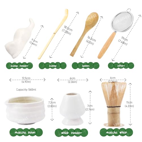 JavaNest 7-Piece Matcha Tea Set with Gift Card – 120-Prong Bamboo Whisk, Ceramic Bowl with Spout, Whisk Holder, Scoop, Spoon, Strainer & Scoop Holder – Ideal Gift for Matcha Lovers (White, 100-Prong) - Image 2
