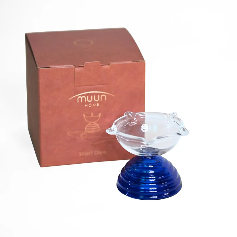 Muun Home Short Blue Glass Diya Lamp for Pooja Room & Mandir | Decorative Oil Lamp for Diwali Decoration, Wedding, Housewarming & Festive Home Decor