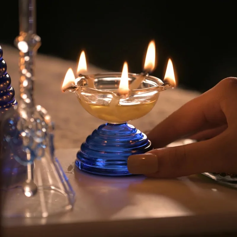 Muun Home Short Blue Glass Diya Lamp for Pooja Room & Mandir | Decorative Oil Lamp for Diwali Decoration, Wedding, Housewarming & Festive Home Decor
