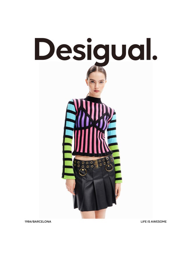 DESIGUAL Pure Black Metal Decor Biker Style Pleated Mini Skirt - Image 2