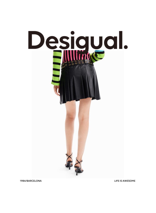 DESIGUAL Pure Black Metal Decor Biker Style Pleated Mini Skirt - Image 5