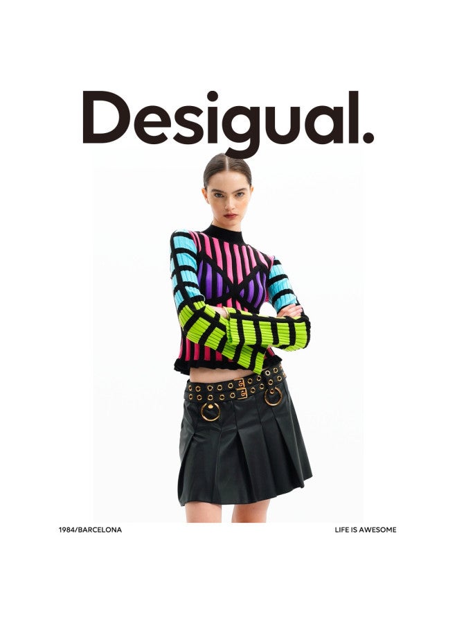 DESIGUAL Pure Black Metal Decor Biker Style Pleated Mini Skirt - Image 3