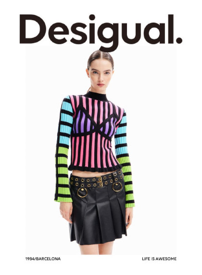 DESIGUAL Pure Black Metal Decor Biker Style Pleated Mini Skirt - Image 1