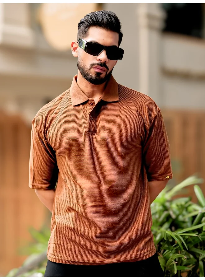 Maniac Mens Polo Neck 3/4th Sleeve Brown Corduroy Fabric Tshirt