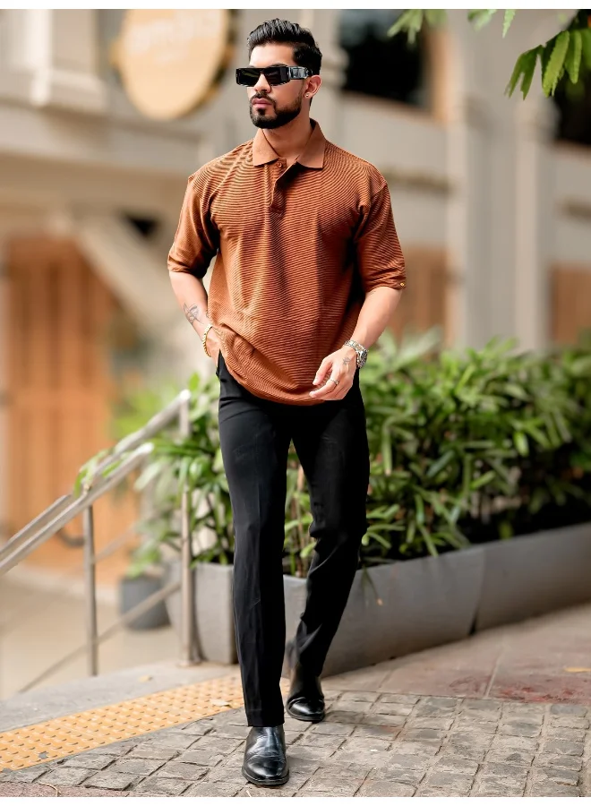 Maniac Mens Polo Neck 3/4th Sleeve Brown Corduroy Fabric Tshirt