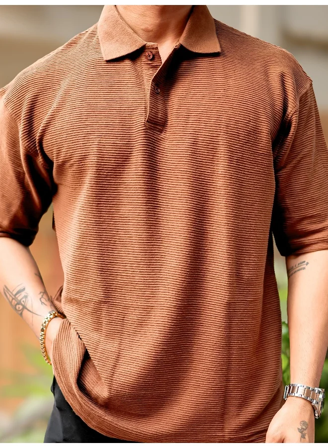 Maniac Mens Polo Neck 3/4th Sleeve Brown Corduroy Fabric Tshirt