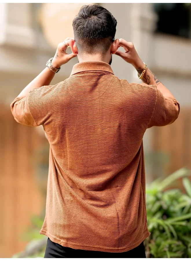 Maniac Mens Polo Neck 3/4th Sleeve Brown Corduroy Fabric Tshirt