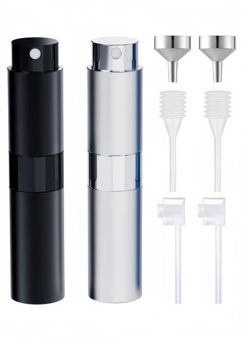 2-Pack 8ml Perfume Atomizer, Portable Mini Spray Bottle for Perfume & Cologne, Rotating Design with Aluminum Shell and Glass Liner (Includes Liquid Dispensing Tool, Black)