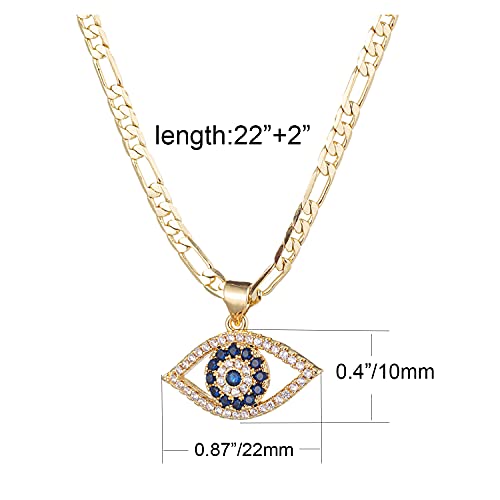 kelistom Evil Eye Necklace for Women | 18K Gold Plated Cubic Zirconia Inlay Evil Eye Pendant Necklace | 3mm Figaro Chain Necklace 18/22 inches (length: 22", eye-1) - Image 2