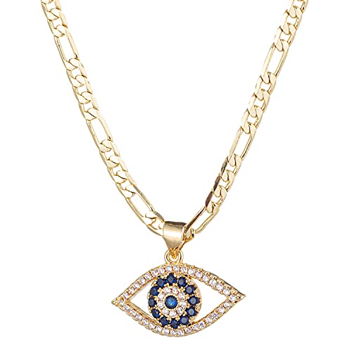 kelistom Evil Eye Necklace for Women | 18K Gold Plated Cubic Zirconia Inlay Evil Eye Pendant Necklace | 3mm Figaro Chain Necklace 18/22 inches (length: 22", eye-1) - Image 1