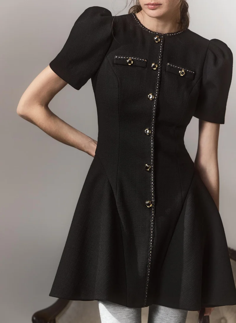 Tweed mini dress with short sleeves and contrasting trim