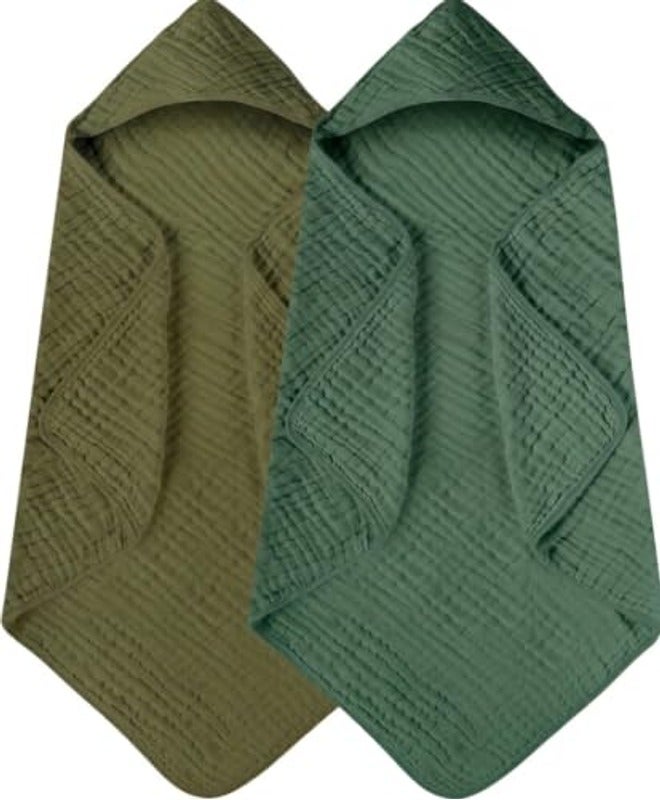 Yoofoss Hooded Baby Bath Towels 2 Pack - 100% Muslin Organic Cotton, Soft & Absorbent for Newborn, Babies, Toddlers, 32x32 Inch, Beige & Coffee