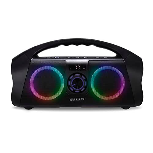 AIWA Portable Boombox Waterproof Bluetooth Speaker Rechargeable Wireless Boombox with Multi Color LED Lighting and Digital Display AUX Input and Carry Handle 15 Hour Playtime - Image 1