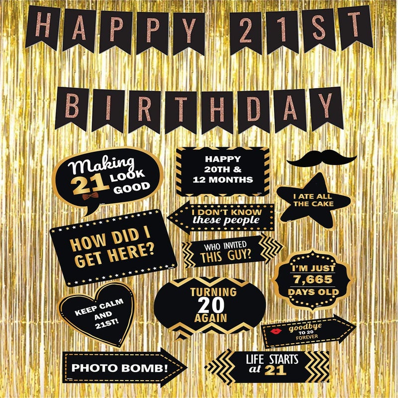 Festiko® Golden 21st Birthday Decoration Set (13pcs Photo Booth Props+1 Set Happy 21st Birthday Photo Banner+3ft*6ft Golden Foil Curtains) Decoration - Image 1