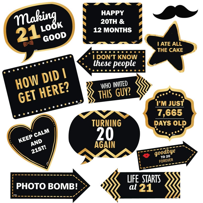 Festiko® Golden 21st Birthday Decoration Set (13pcs Photo Booth Props+1 Set Happy 21st Birthday Photo Banner+3ft*6ft Golden Foil Curtains) Decoration - Image 2