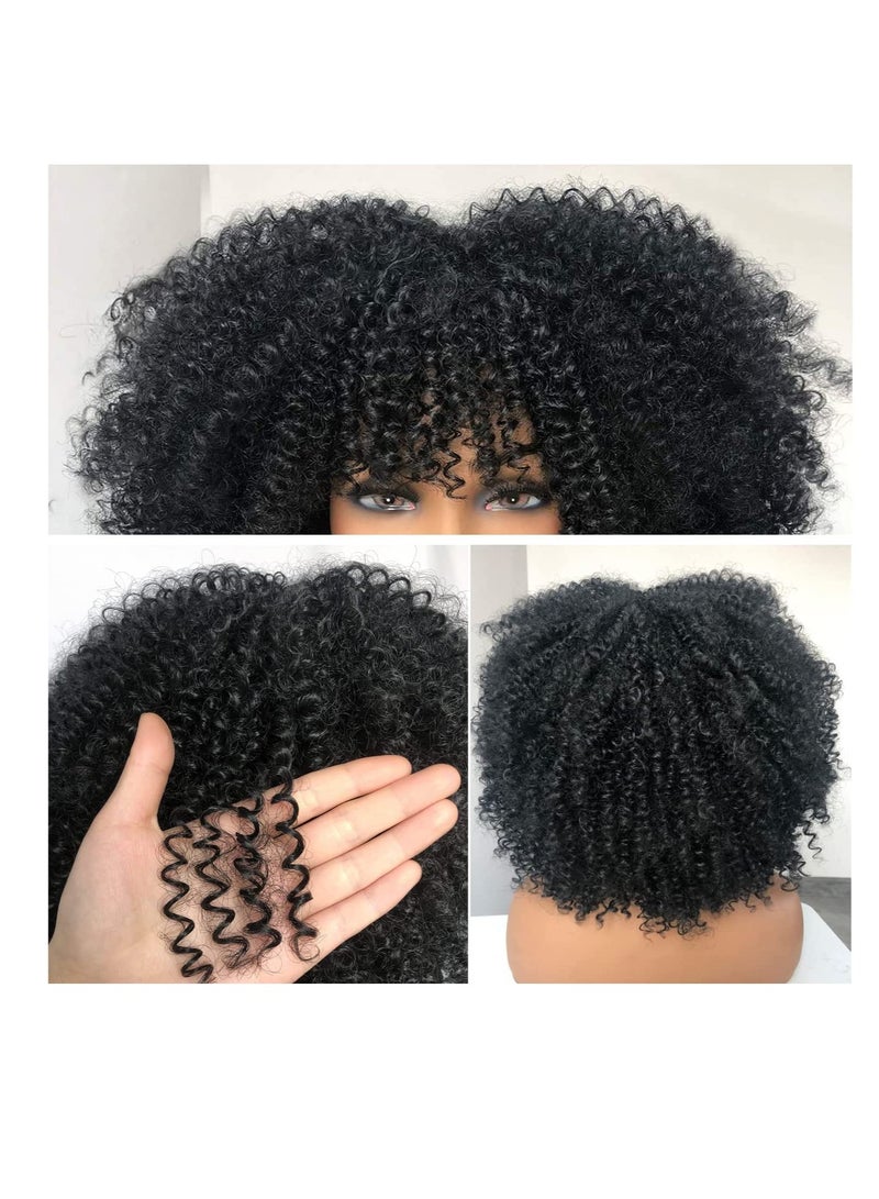 Short Curly Afro Wigs with Bangs for Women 14 Inch, Kinky Curly Synthetic Heat Resistant Full Wig in Black - Image 5