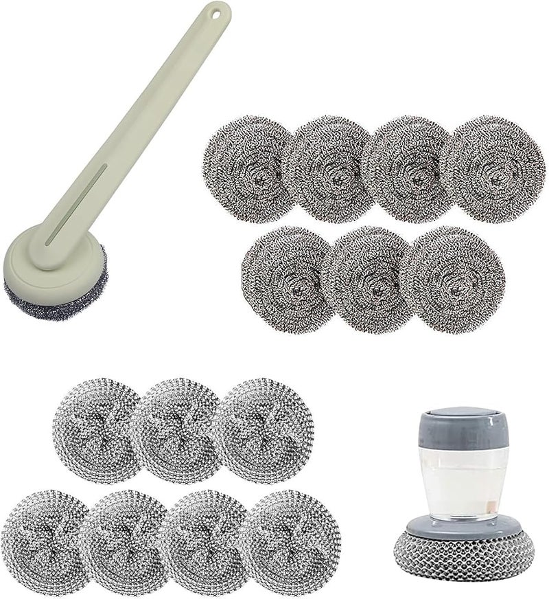 TERRIFI Stainless Steel Dish Scrubber, Metal Scouring Brush, Kitchen Cleaning Pad Set, Replaceable Scrubbing Heads with Handle for Pots, Pans, Sinks, Grates, Cookware Cleaning, 17 Pieces - Image 1