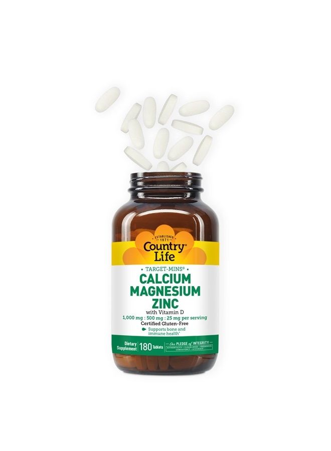 Country Life Target Mins Calcium-Magnesium Zinc with Vitamin D, 1000mg/500mg/25mg 180 Count, Certified Gluten Free, Certified Vegan  - Image 3