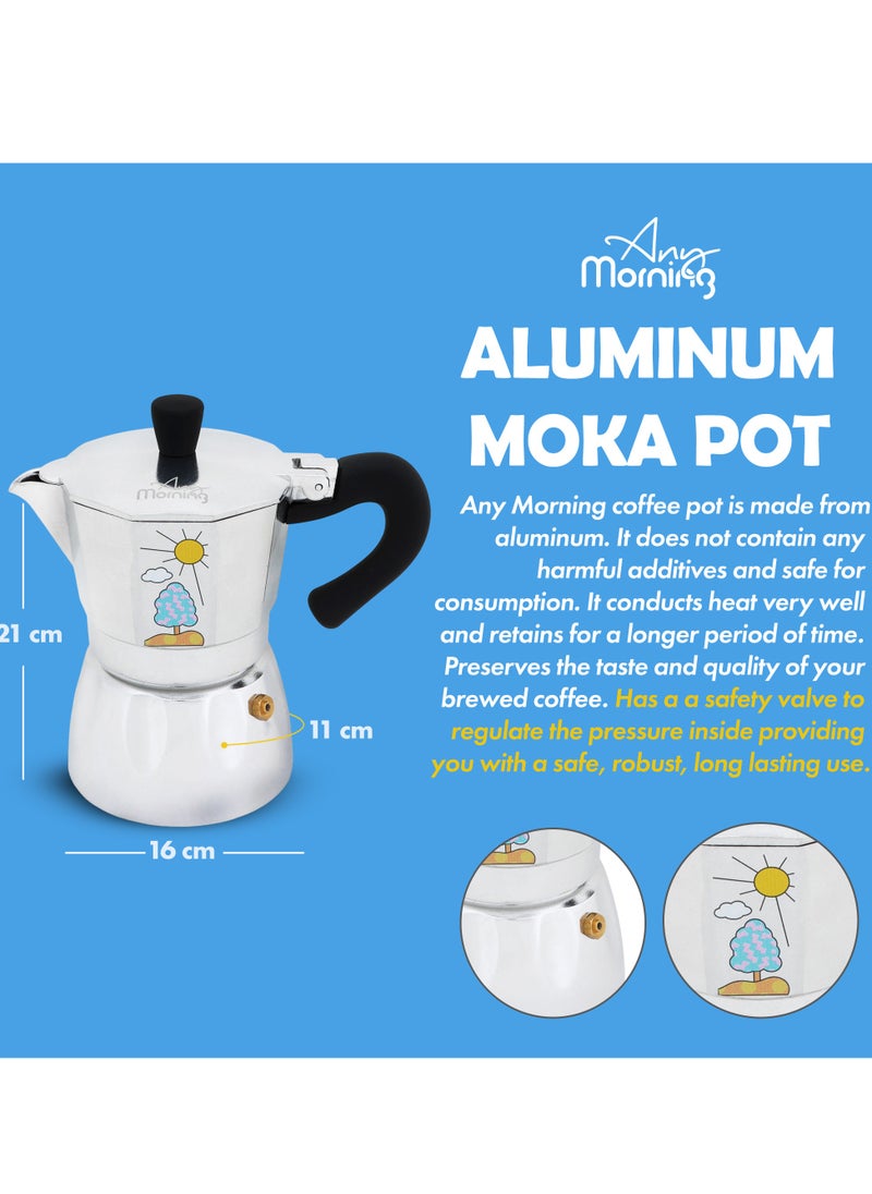 Any Morning Stovetop Espresso Maker, Moka Pot, Italian Coffee Maker, Coffee Percolator, Aluminum Moca Pots, 6 Cups / 8 oz / 240 ml, Silver Black - HES-6  - Image 3