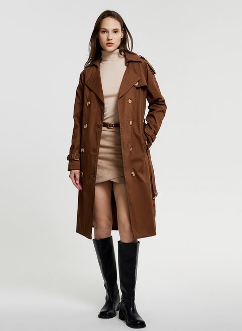 Women's Double-Breasted Long Trench Coat | Classic Notched Lapel Slim Fit Design | Adjustable Waist Belt | Khaki | Office Wear