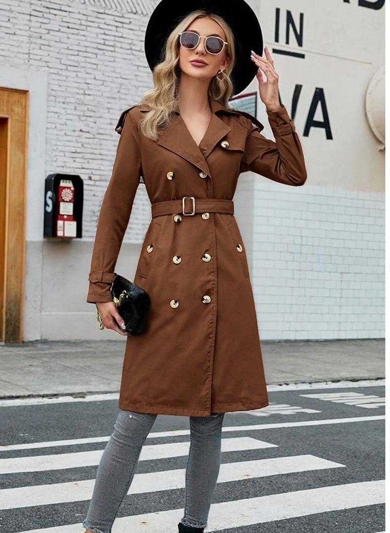 Joychic Women's Double-Breasted Long Trench Coat | Classic Notched Lapel Slim Fit Design | Adjustable Waist Belt | Khaki | Office Wear - Image 3