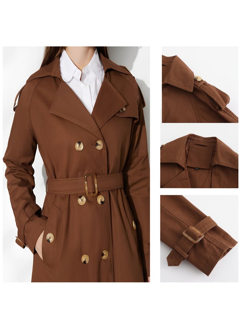 Joychic Women's Double-Breasted Long Trench Coat | Classic Notched Lapel Slim Fit Design | Adjustable Waist Belt | Khaki | Office Wear - Image 4