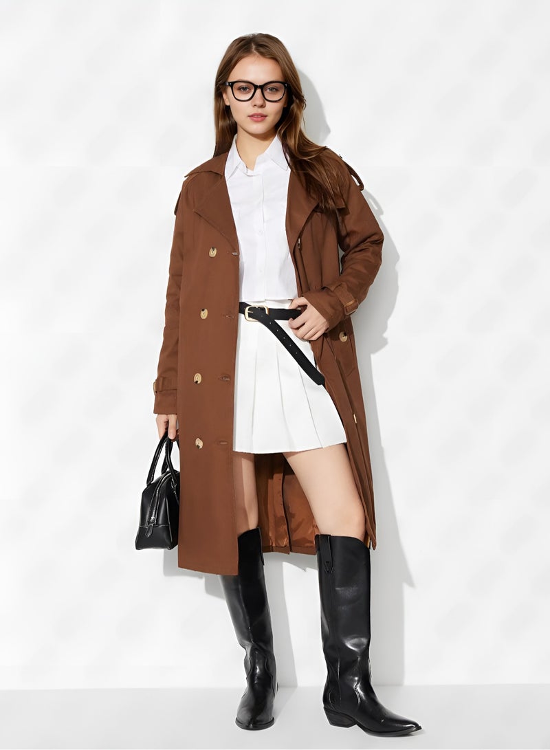 Joychic Women's Double-Breasted Long Trench Coat | Classic Notched Lapel Slim Fit Design | Adjustable Waist Belt | Khaki | Office Wear - Image 5