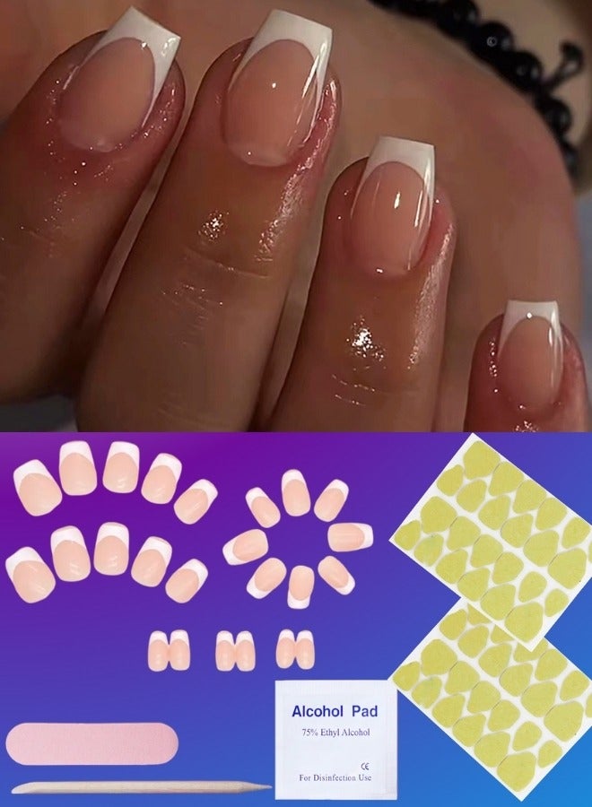 Kanza Press on Nails Set,False Nails,Fake Nails Set for Women Girls Nail Art Accessories with Glue Stickers for Easy Apply,Stick on Fingernails Set White French Tip Nails,Nude Pink Press on Nails Solid Glue On Nails Full Cover Short Square False Nails 24Pcs - Image 1