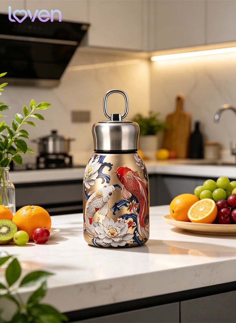 loven Chinese-style portable insulated stainless steel water bottle, 300ml, suitable for hot and cold drinks, with hanging loop. Ideal for outdoor camping, hiking, and office use. - Image 4