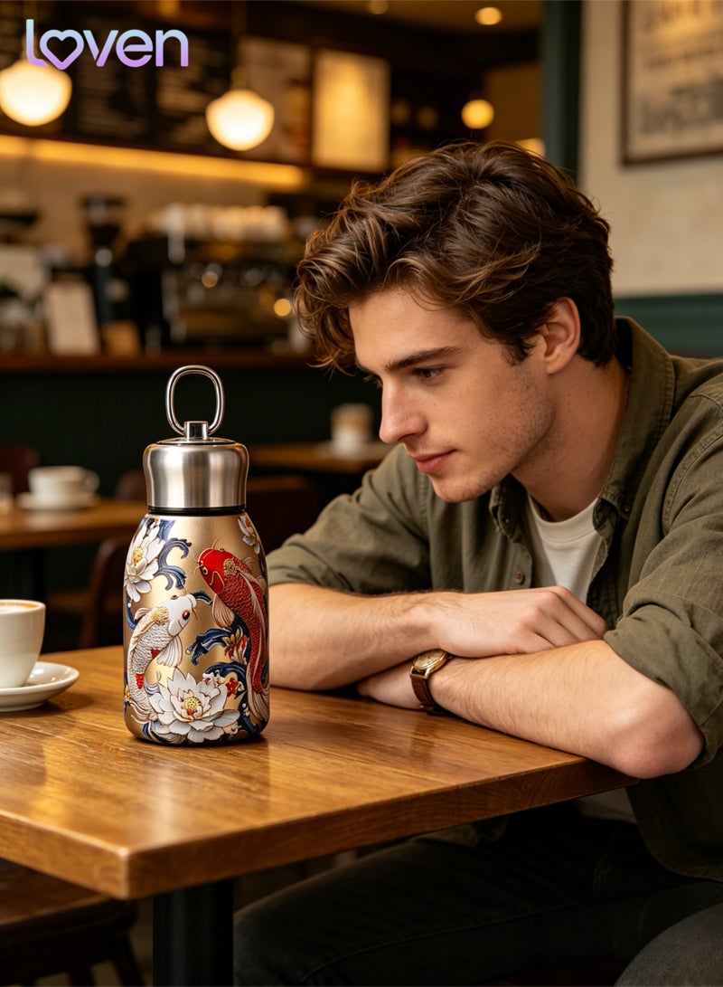 loven Chinese-style portable insulated stainless steel water bottle, 300ml, suitable for hot and cold drinks, with hanging loop. Ideal for outdoor camping, hiking, and office use. - Image 3