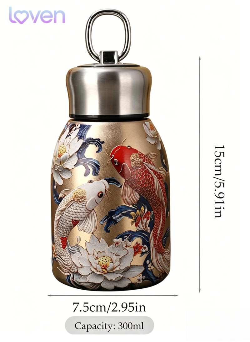 loven Chinese-style portable insulated stainless steel water bottle, 300ml, suitable for hot and cold drinks, with hanging loop. Ideal for outdoor camping, hiking, and office use. - Image 2